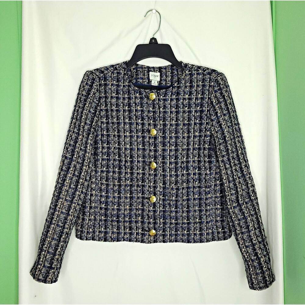 J.CREW Women's Blue Collarless Button Front Tweed Lady Jacket Size 6